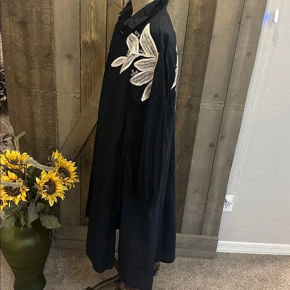 Anthro Embroidered Black Cover Up Dress Cotton Oversized Boho Beach - Picture 7 of 16